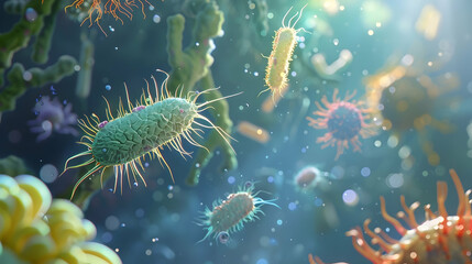 Fototapeta premium colorful bacteria and infections close up under a microscope