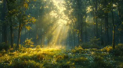 A dense forest bathed in the golden rays of dawn, with towering trees and vibrant green foliage. Created with Ai