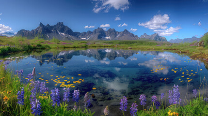 A serene lake surrounded by lush greenery and purple hyacinth flowers, with majestic mountains in the background under clear blue skies. Created with Ai