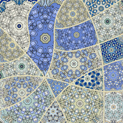 Vector patchwork quilt pattern. Vintage decorative collage. Hand drawn background. Indian, Arabic, Turkish motifs for printing on fabric or paper. Abstract colorful doodle pattern in mosaic style