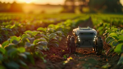 Smart field robot navigating between rows of crops - obrazy, fototapety, plakaty