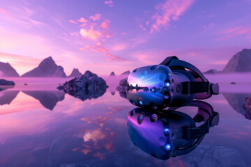 A VR headset is on a body of water with mountains in the background