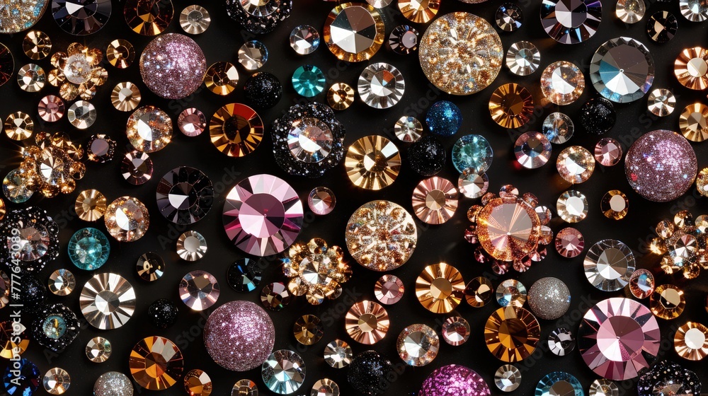 Poster a luxurious party banner with an array of sparkling jewels and sequins artfully spread across a rich