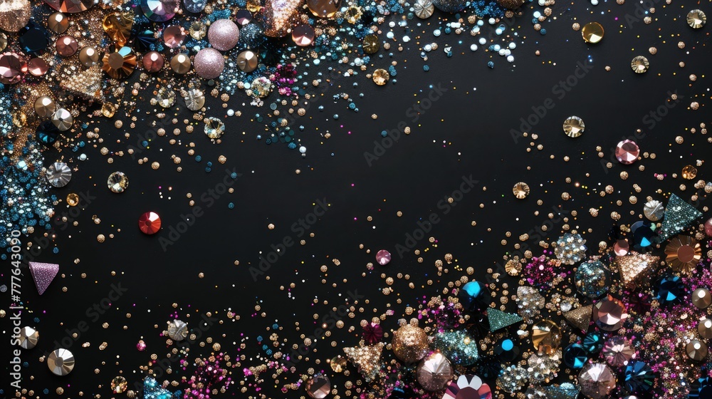 Poster a luxurious party banner with an array of sparkling jewels and sequins artfully spread across a rich
