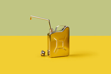 Silver metal canister with drop of fuel over duotone background