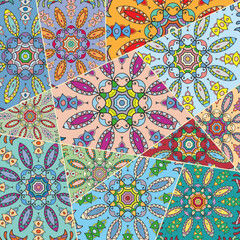 Vector patchwork quilt pattern. Vintage decorative collage. Hand drawn background. Indian, Arabic, Turkish motifs for printing on fabric or paper. Abstract colorful doodle pattern in mosaic style