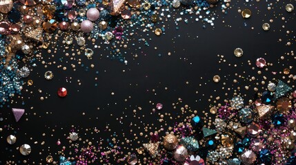 A luxurious party banner with an array of sparkling jewels and sequins artfully spread across a rich black background. - obrazy, fototapety, plakaty