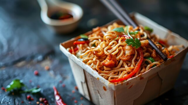 Savory Asian noodles served in a takeout box