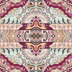 Hand drawn seamless graphic pattern, colorful artistic background with floral and geometric elements. Doodle ethnic mandala ornament for textile fabric, paper print. Surface texture 