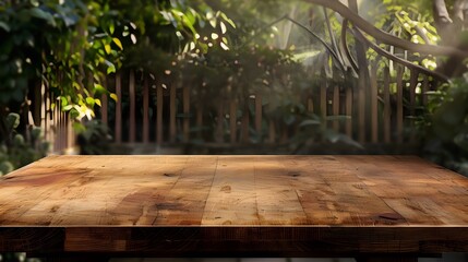 A wooden table with no objects on it and a blurred outdoor garden background. The wooden table provides space for text and can be used for marketing promotions - obrazy, fototapety, plakaty