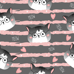 Seamless pattern with grey head of cats on striped background. Vector illustration for children.