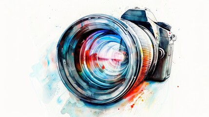 Camera lens captured in vibrant watercolors, showcasing intricate details on a bright white canvas - obrazy, fototapety, plakaty