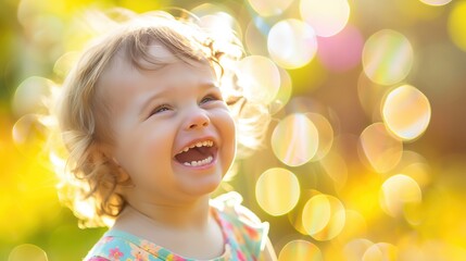 Cheerful little toddler or little curly child laughing on bright background