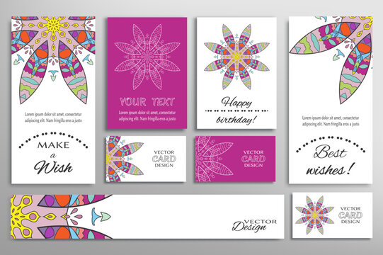 Big set of greeting Cards or wedding Invitations. Postcards template with inscription Make a Wish, Best Wishes, Happy Birthday. Banner, business cards with mandala ornament. Isolated design elements