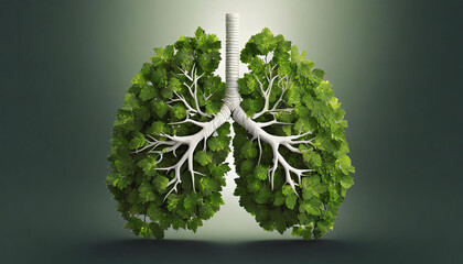 Abstract 3D image of human lungs made of green forest plant. Respiratory system and health concept. - obrazy, fototapety, plakaty