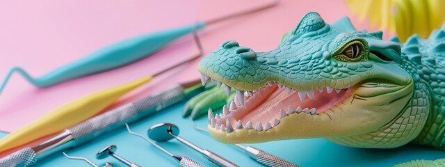 Whimsical Crocodile Dental Model with Dentist Tools
