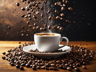A morning scene with a steaming coffee mug and flying coffee beans, spilling outwards in a delightful display