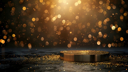 Empty golden round gold pedestal mockup on black background and golden bokeh and glitter in 3d rendering style. Empty lighting podium for exhibition presentation layout.