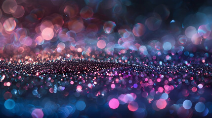 background for birthday banner, colorful glitter closeup with bokeh on black background with copy space