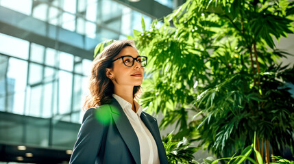 Female startup entrepreneur stands amidst vibrant green foliage in modern office hall. Concept of investment on corporate sustainability and modern technology solutions. Banner. Copy space