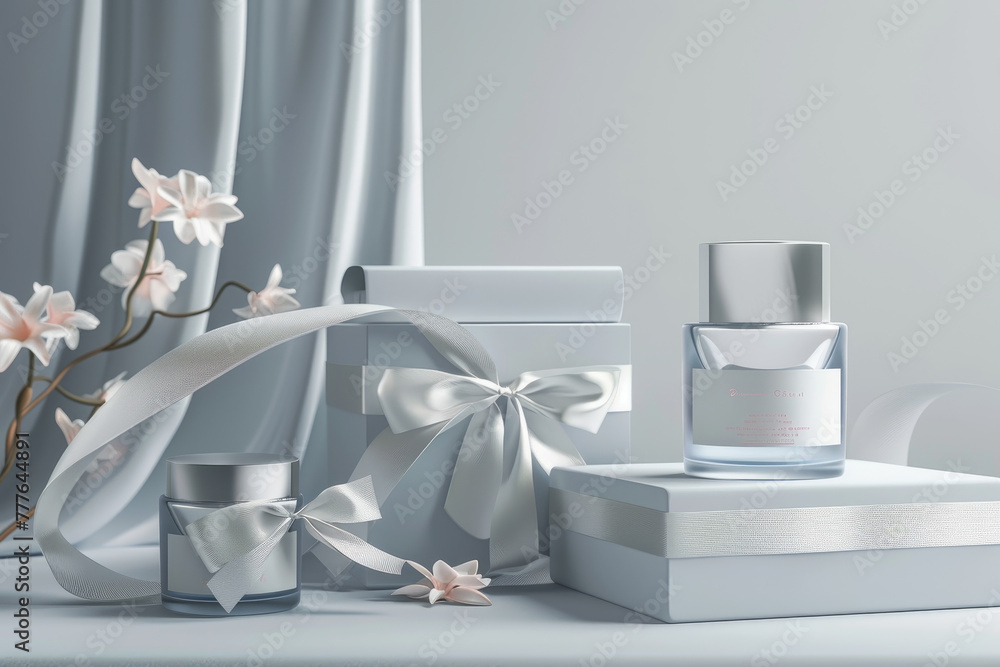 Poster a white box with a bow on it sits on top of a stack of white boxes