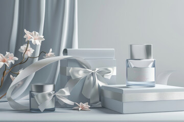 A white box with a bow on it sits on top of a stack of white boxes