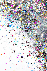 background for banner, silver glitter closeup on white background with copy space