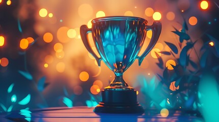 Utilize Design an AI image that portrays the splendor of an elegant blue and gold trophy cup placed on a stage, beautifully complemented by a soft blur of lights attractive look