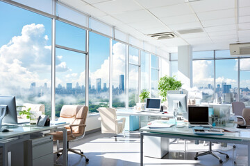 Fototapeta na wymiar Sunlight modern office space in skyscraper. Minimalist design with green plant, eco-friendly atmosphere windows with blue sky and clouds in background. Concept comfortable workplace for productivity