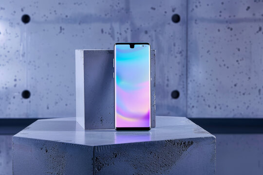 A phone is displayed on a gray stone pedestal