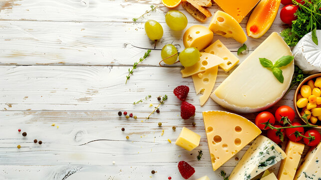  wooden white board assorted cheeses and vegetables with space for text