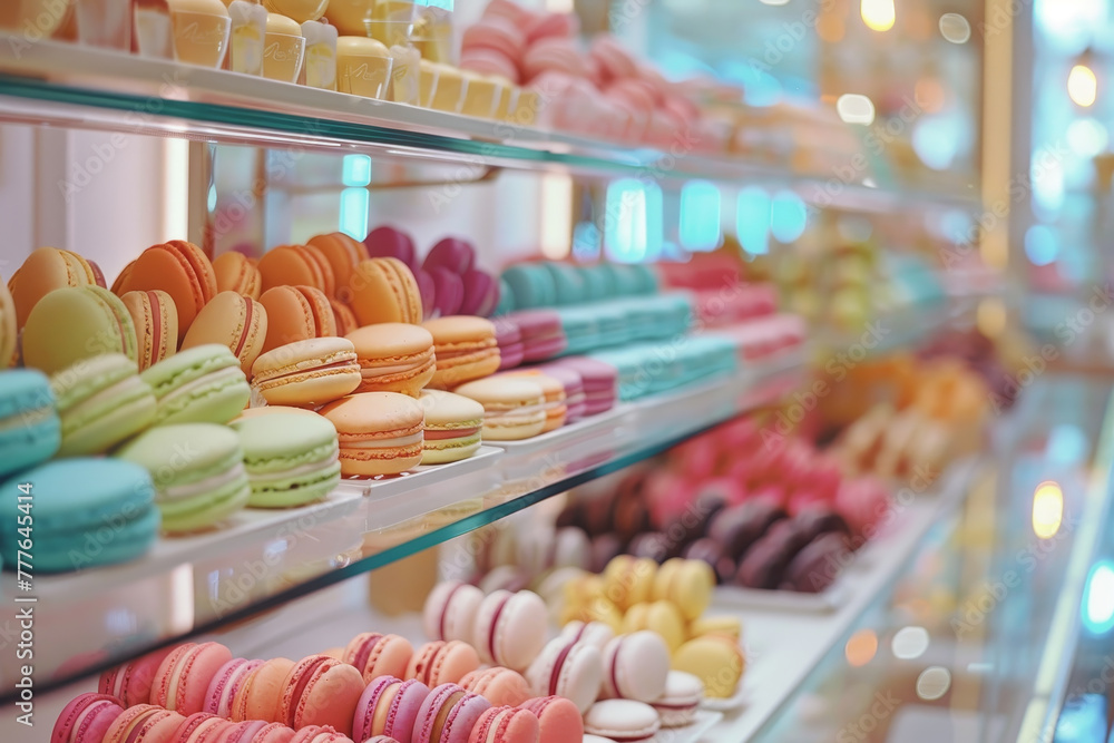 Poster A display of colorful macarons in a bakery