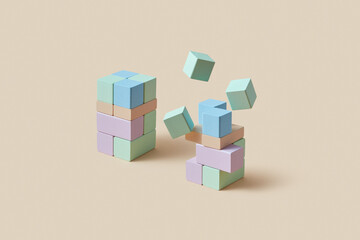 Whole and destroyed towers made of colorful wooden blocks in studio
