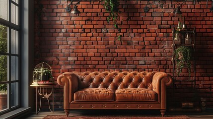 Vintage-inspired cozy lounge with warm tones and textured brick wall background / AI-created image...