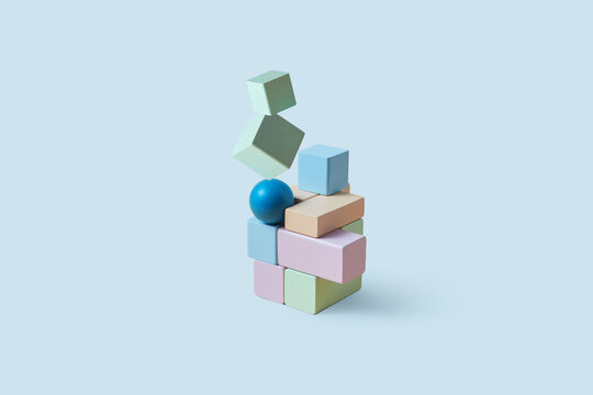 Stable construction with two cubes balancing on sphere on top