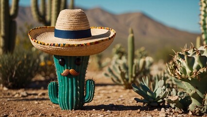 Cactus con bigote animado usando sombrero mexicano, 5 de mayo concepto. - obrazy, fototapety, plakaty