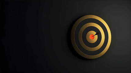 The photo shows a bullseye hit by an arrow, set against a black background for contrast. Ample space for text makes it suitable for advertising - obrazy, fototapety, plakaty