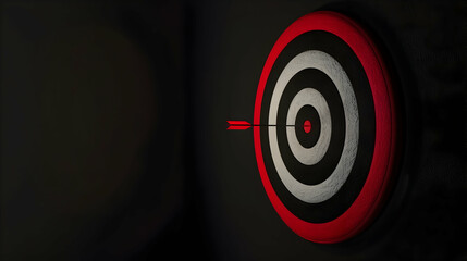 This photograph features a target with a clear bullseye, precisely hit by an arrow. The background is black, enhancing the contrast and making the target stand out. There is ample space around the tar - obrazy, fototapety, plakaty