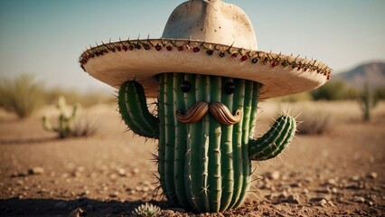 Cactus con bigote animado usando sombrero mexicano, 5 de mayo concepto.