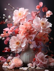 A vase filled with pink flowers, some of which are scattered around it, on a table.