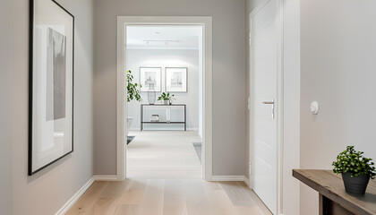 Fototapeta premium White walls, modern hall, there is a picture frame on the wall, the picture frame is white
