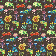 Bright botanical pattern, with chameleons illustration