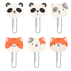 Office clips, collection, paper clips, decor, kitty. Cute cartoon paper clip, emoticon. Cute kittens and pandas.
