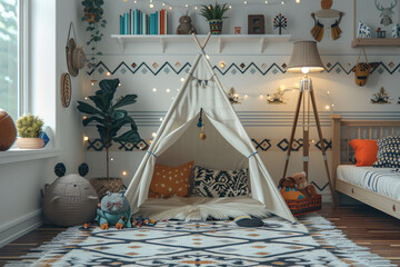  A modern children's play tent in the center of an apartment with large windows, decorated with black and white patterns on the floor, soft toys around it, an orange pillow and beige curtains. 