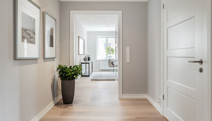 Obraz premium White walls, modern hall, there is a picture frame on the wall, the picture frame is white