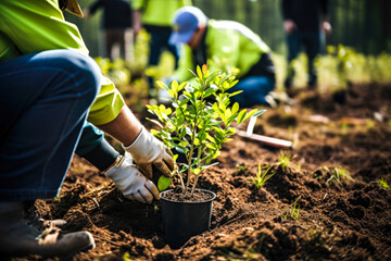 Group of people volunteers planting young seedling foliage, new green trees for reforestation efforts. Concept of care for environment, greenery program and World Earth Day