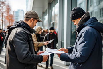 Adult volunteer in warm clothing, man in jacket collecting signatures. Concept of conservation initiative, environmental petition, promoting corporate sustainability outdoors in winter - obrazy, fototapety, plakaty