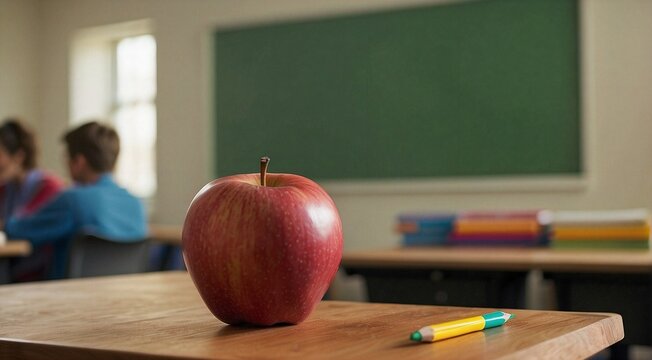 Dia del maestro, concepto de fondo, Manzana sobre el escritorio de un salon de clases