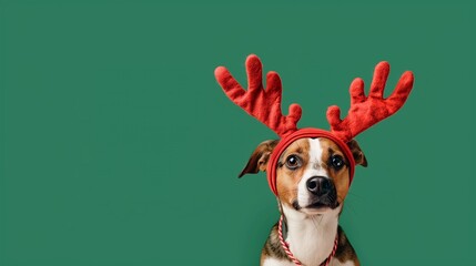 Cute dog wearing red reindeer antlers headband against solid forest green background with copy space, concept of winter holidays celebration, Christmas funny animal green background