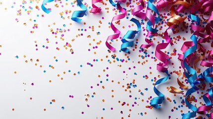 Obraz premium vibrant world of celebration with our colorful confetti and streamers on a white background, offering ample copy space!